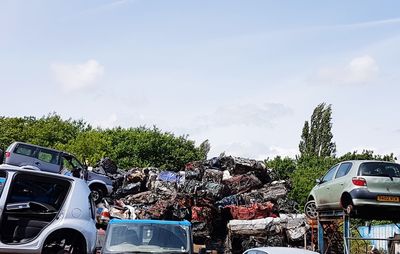 Cars parked by trees against sky