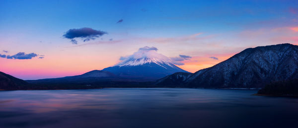 Scenic view of mountains against sky during sunset