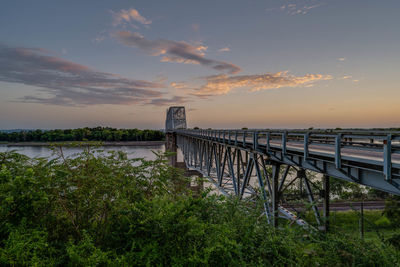 Bridge over river against sky during sunset