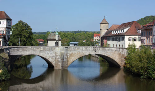 Arch bridge over river amidst buildings against sky