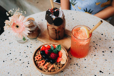 High angle view of breakfast served on table