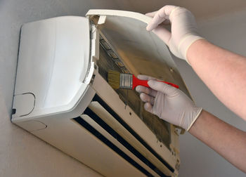 High angle view of person working in bathroom