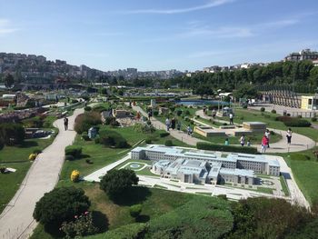 High angle view of buildings in city against sky