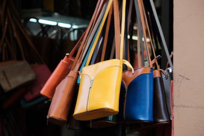 Close-up of multi colored clothes hanging