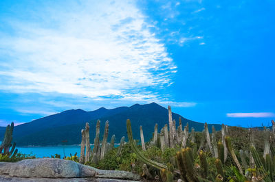 Scenic view of mountains against blue sky