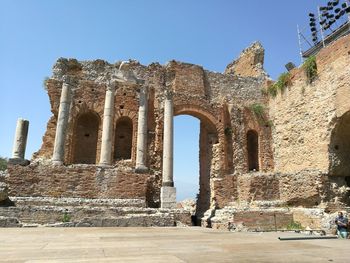 Low angle view of old ruin against clear sky