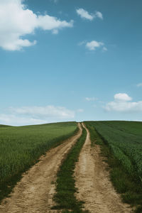 Dirt road amidst field against sky