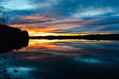 Scenic view of lake against dramatic sky