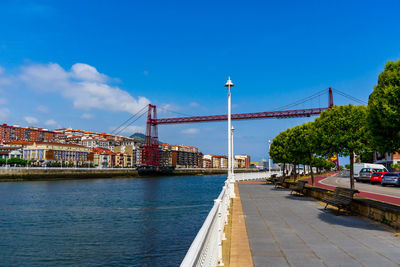 Bridge over river against clear blue sky