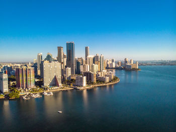 Panoramic view of city buildings against clear blue sky