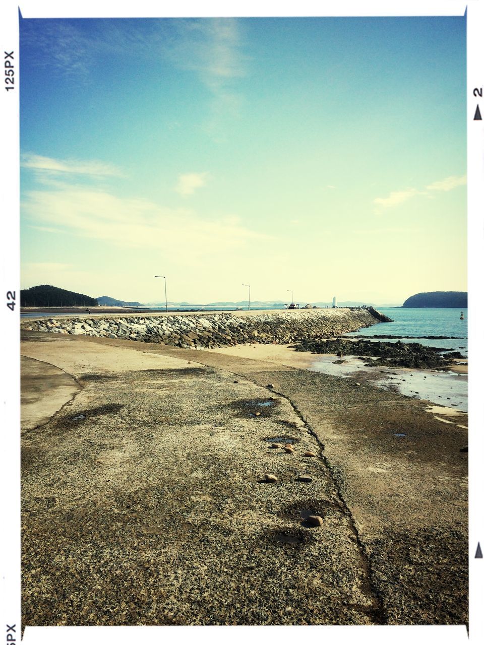 transfer print, sky, beach, auto post production filter, sea, sand, tranquil scene, water, tranquility, scenics, shore, horizon over water, nature, beauty in nature, cloud, blue, cloud - sky, sunlight, outdoors, no people