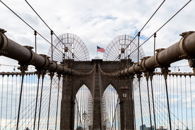 Low angle view of suspension bridge against cloudy sky