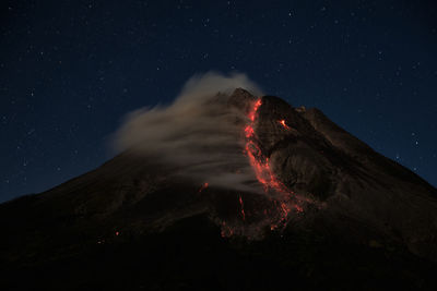 Mount merapi erupts with high intensity at night during a full moon. 