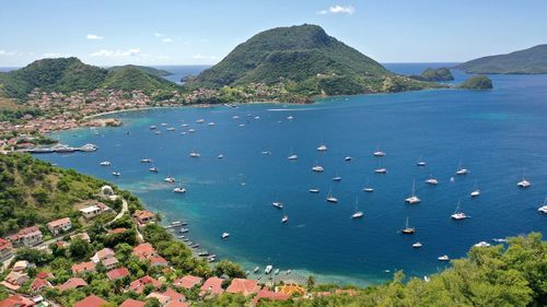 High angle view of bay against sky