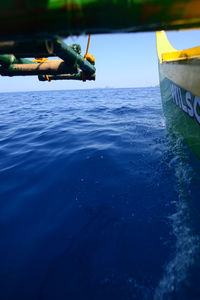 Close-up of boat in sea against sky