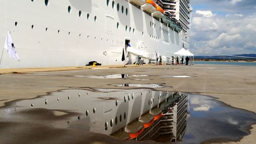 Low angle view of a moored cruise ship 