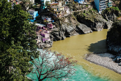 Trees and rocks by river against buildings