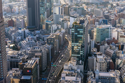 High angle view of buildings in city