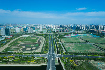 High angle view of city against sky