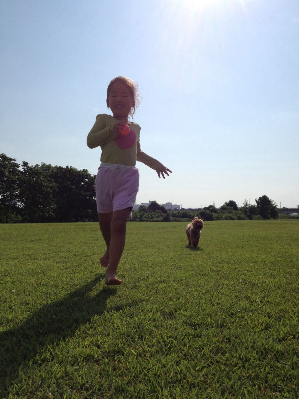 grass, full length, field, leisure activity, lifestyles, grassy, childhood, casual clothing, clear sky, elementary age, green color, boys, landscape, person, nature, running, girls, playing