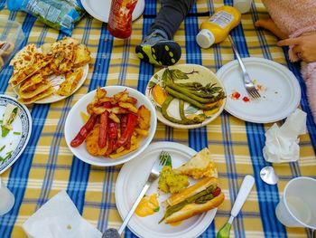High angle view of food on table