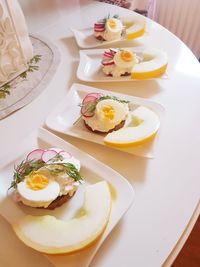 High angle view of breakfast served on table