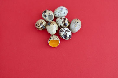 High angle view of fruits against red background