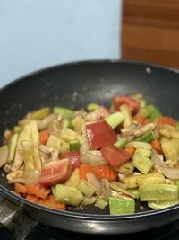 Close-up of chopped vegetables in bowl on table