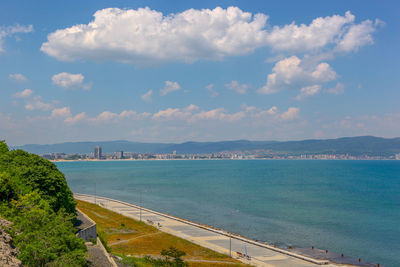 High angle view of bay against sky