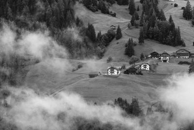 High angle view of houses on land