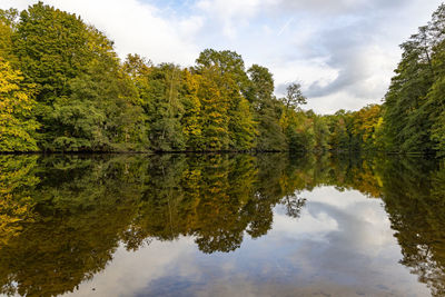 Reflection of trees in lake against sky