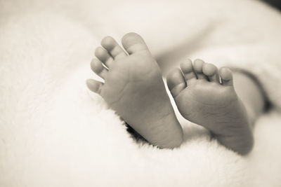Close-up of baby lying on bed