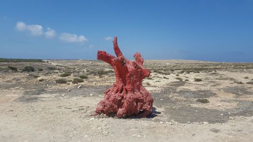 Tree trunk on field against sky