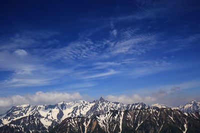 Scenic view of snowcapped mountains against cloudy sky