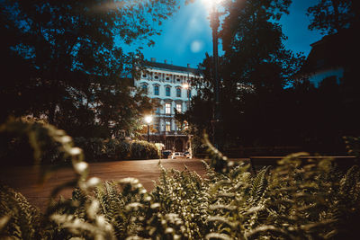 View of city lit up at night