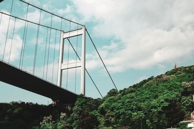 Low angle view of suspension bridge against sky