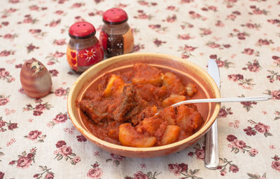 High angle view of food in bowl on table