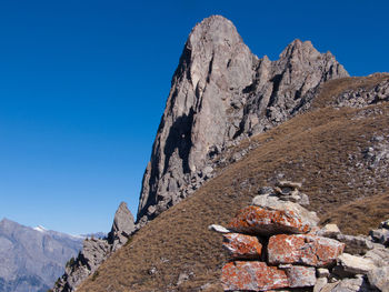 Scenic view of mountains against clear blue sky