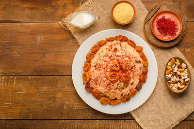 High angle view of food in plate on table