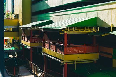 Empty chairs and tables in library