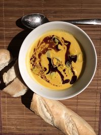 High angle view of dessert in bowl on table