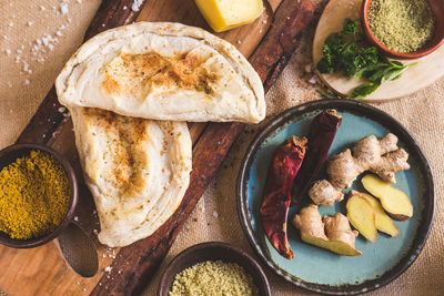 High angle view of meal served on table