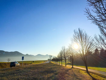 Scenic view of field against clear blue sky