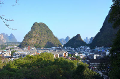 Town by sea against clear sky