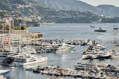 High angle view of boats in harbor