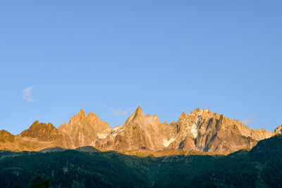 Scenic view of mountains against clear blue sky