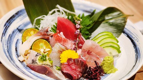 High angle view of food in plate on table