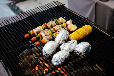 High angle view of vegetables on barbecue grill