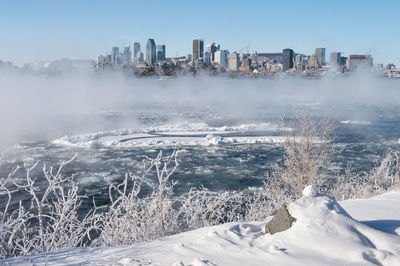 Aerial view of frozen river in city