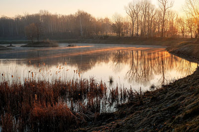 Scenic view of lake against sky during sunset